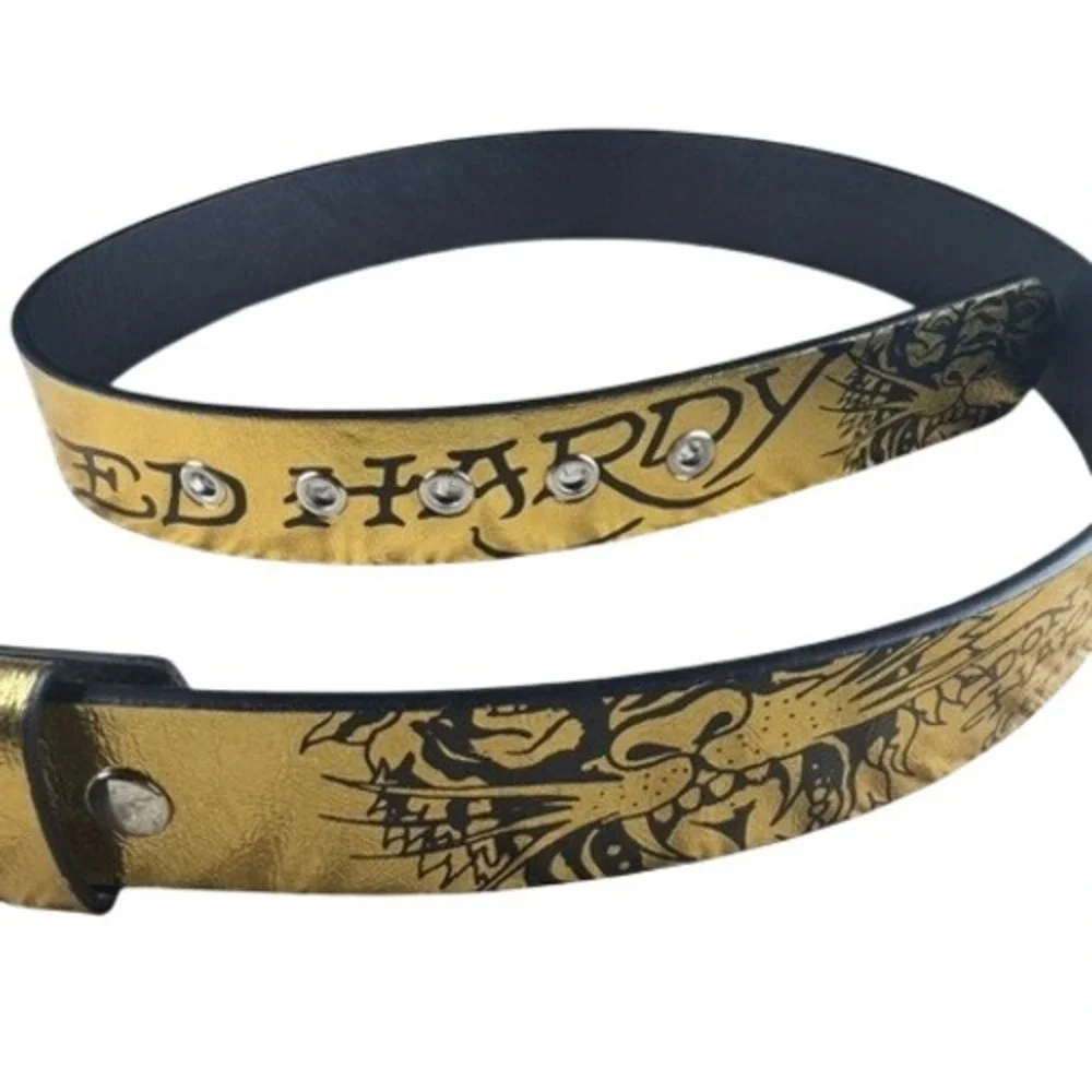 Ed Hardy Belt 32 Gold Metallic Tattoo Graphic Tiger Skull Rhinestone Buckle Y2K